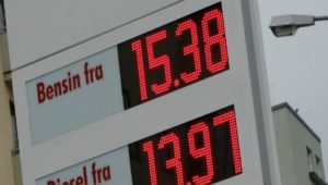 Bilde av skilt som viser prisen til drivstoff ved en bensinstasjon.