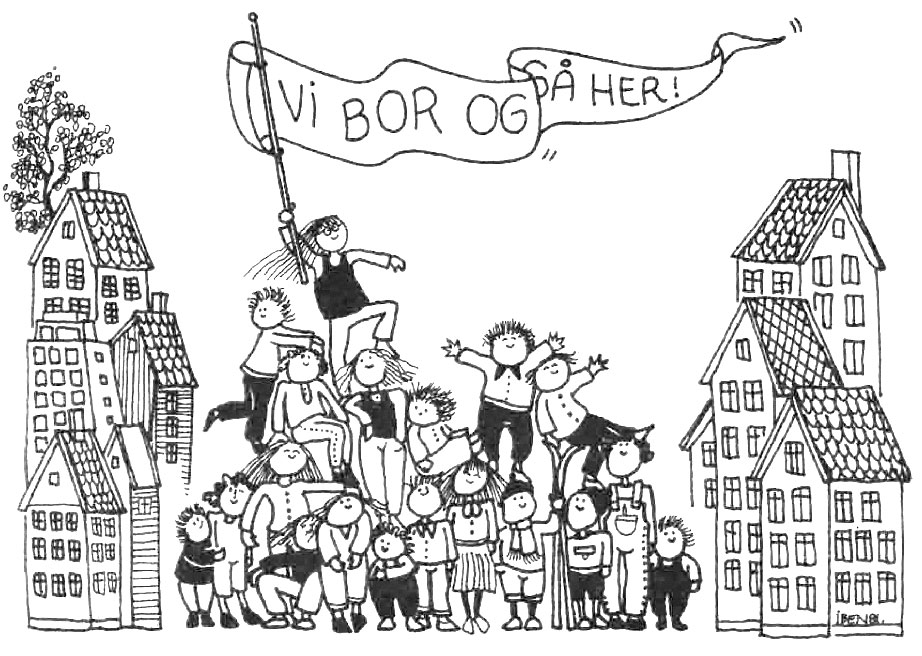 Illustrasjon av mange barn som holder et banner med &laquo;Vi bor ogs&aring; her&raquo;.
