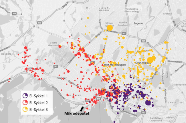 Figuren viser en kartillustrasjon over Oslo sentrum, der leveringsstedene for lastesyklene er markert.