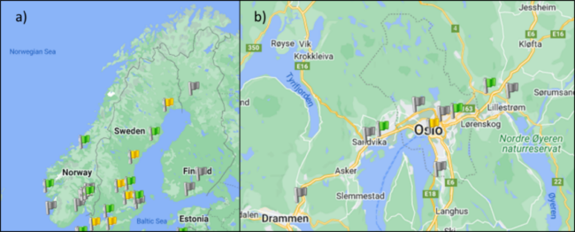 Figuren viser to kartutsnitt, et for Norge, Sverige og Finland, og et annet for Stor-Oslo. Nåværende og planlagte fyllestasjoner for hydrogen er markert med grønne flagg på kartet, gule flagg markerer planlagte fyllestasjoner. Dagens fyllestasjoner ligger hovedsakelig rundt Oslo, samt at det fins en i Trondheim og en i Bergen der utbyggingen har startet.