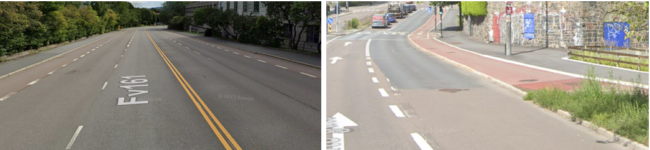 Her er det to fotoer som viser eksempler på et rødt sykkelfelt langs kjørefelt.