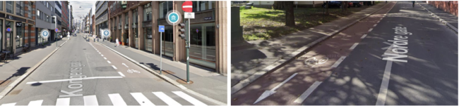 Figuren viser to foto av enveisregulerte gater som har røde sykkelfelt på en eller begge sider av veien.