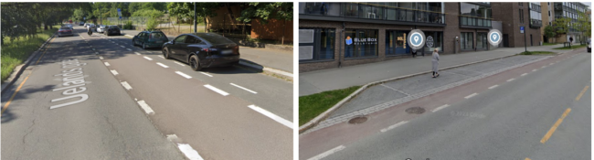: Figuren viser to fotoer av ulike løsninger av sykkelfelt i veier med gateparkering.
