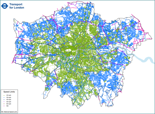 Figuren viser et kartutslitt over London. De ulike farktsgensene på veiene er markert.