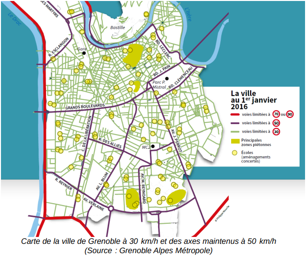 : Figuren viser et kartutsnitt over byen Grenoble, der de ulike fartsgrensene på veiene er markert.