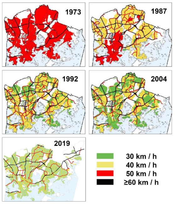 Figuren viser 5 kartutsnitt som angir utviklingen i fartsgrensene på veiene fra 1973 og frem til 2019, i Helsinki.