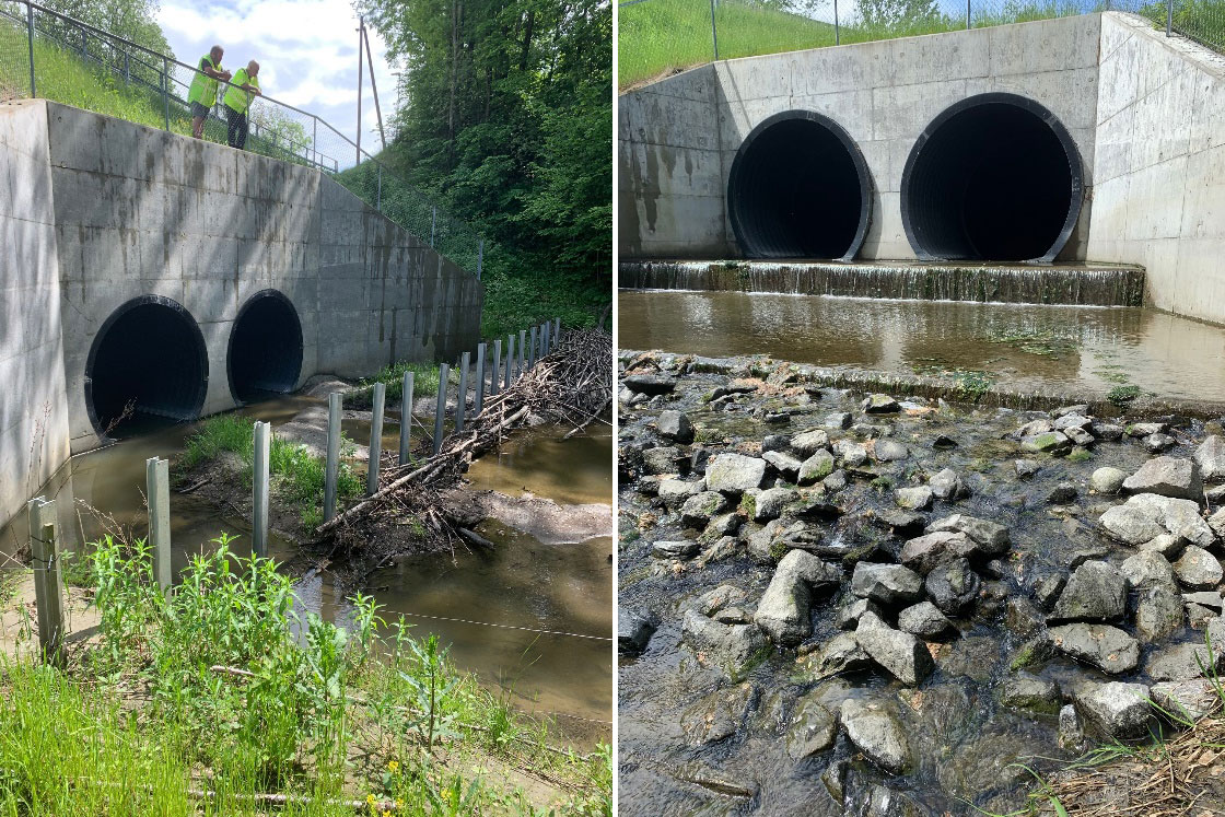 : Fotoene viser to betongrør som leder en bekk under veien. Det ene fotoet viser innløpet, og det andre fotoet viser utløpet av bekken.