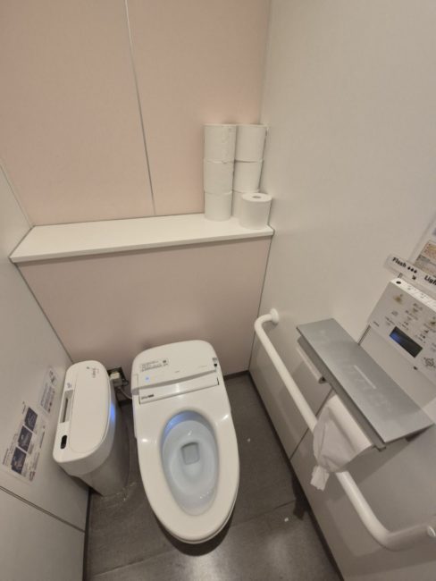 Bildet viser et offentlig toalettrom med et vannklosset, søppelbøtte, toalettpapirholder med hylle og en større hylle i bakkant av klosettet. I tillegg er det et håndtak til å støtte seg på. Toalettet er rent.