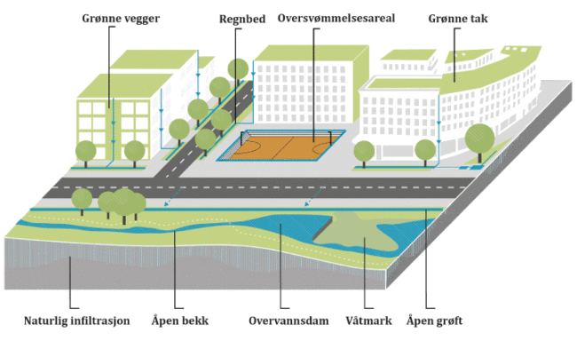 : Illustrasjonen viser en oversikt over flere mulige overvannstiltak i et tettsted. Med regnbed, overvannsbasseng, grønne vegger og tak, og åpne bekker.